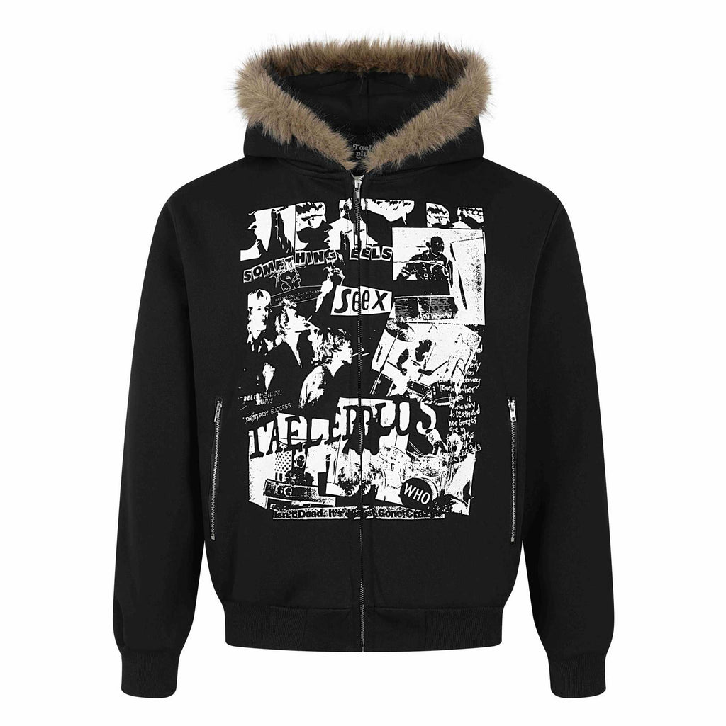Print Long Faux Fur Hooded Zip-Up Hoodie for Men