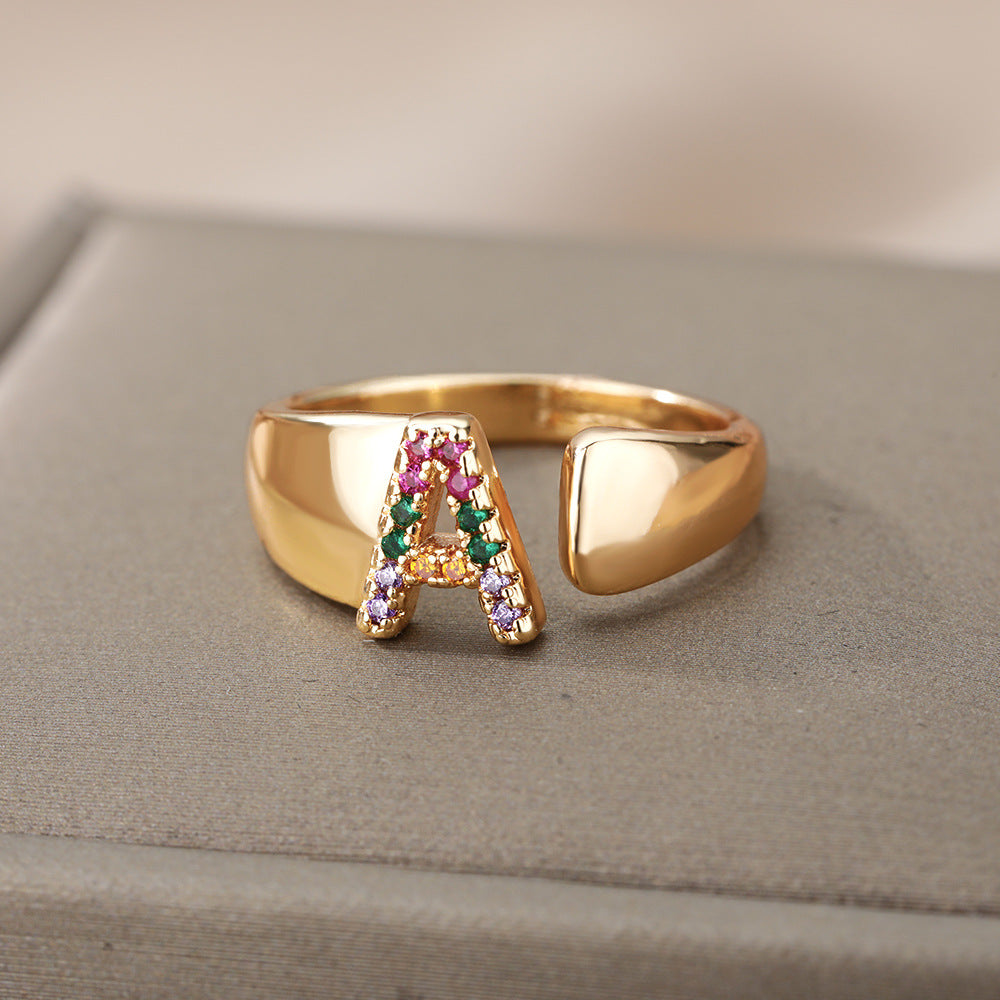 18K Gold Plated Micro Pave Colorful Zircon Letter Ring with 26 Letters Open Design