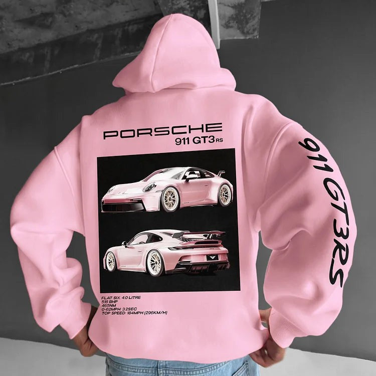 Casual Car Print Hoodie for Men with Heart Pattern, Trendy Hooded Sweatshirt
