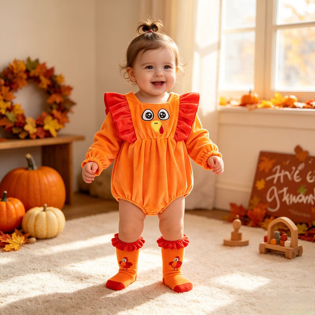 Thanksgiving Turkey Baby Romper Autumn Winter Velvet Long Sleeve Onesie for Girls Holiday Outfit