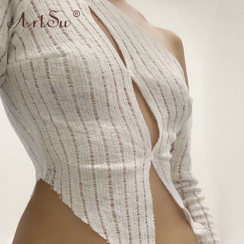 Open-Knit Button-Up Crop Top
