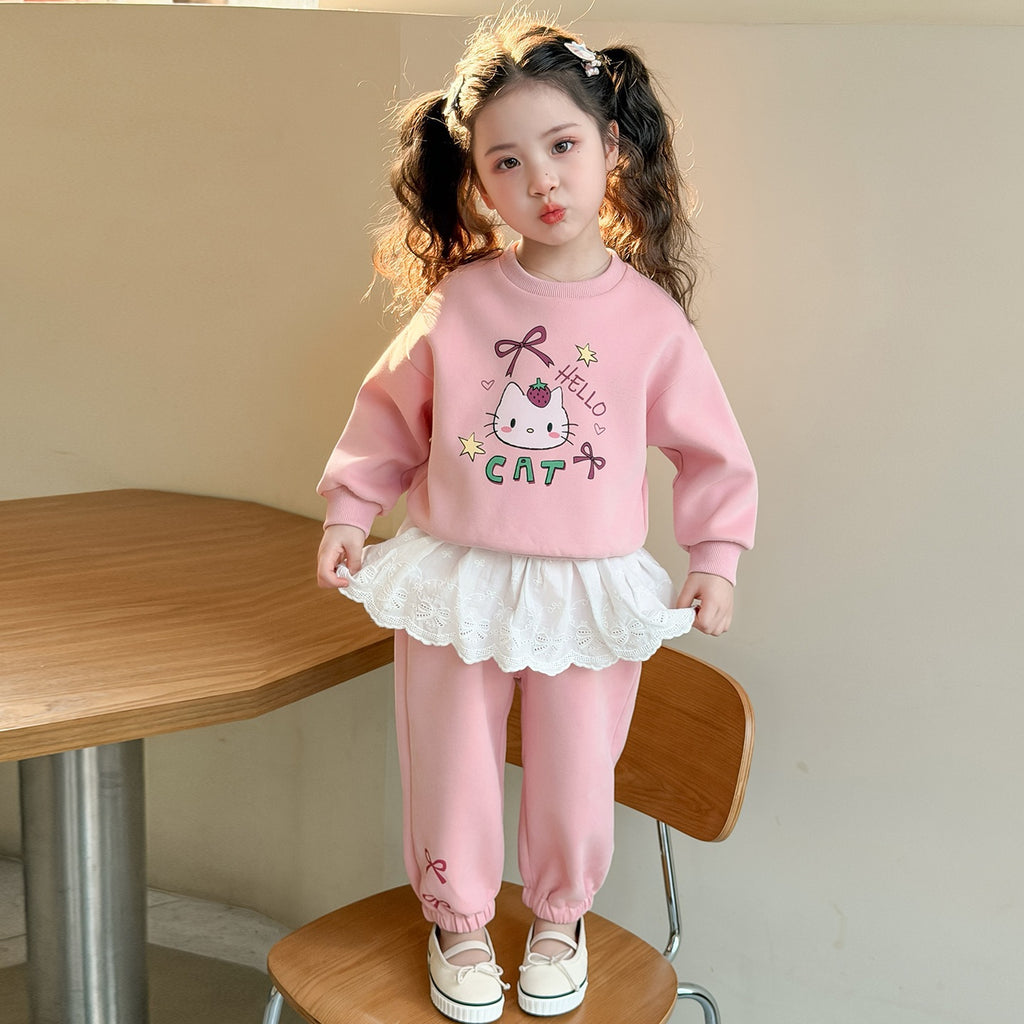 Girls'  with Cute Ruffled Skirt and Cartoon Hoodie Two-Piece Set