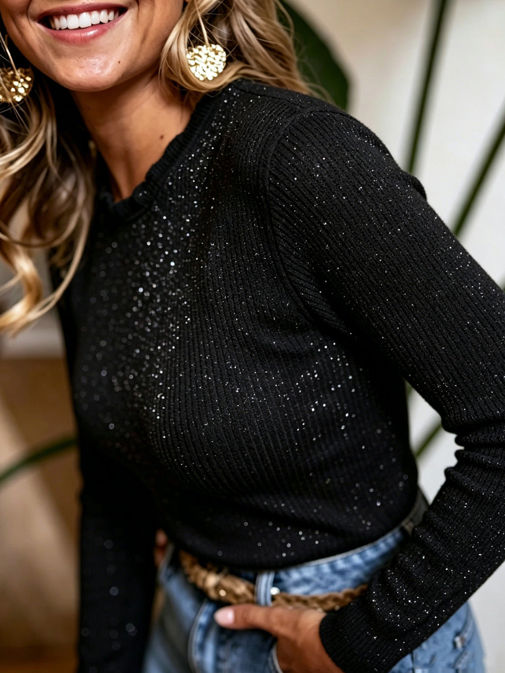 Elegant Fitted Vertical Ribbed Lace Trim High Neck Long Sleeve Knit Top