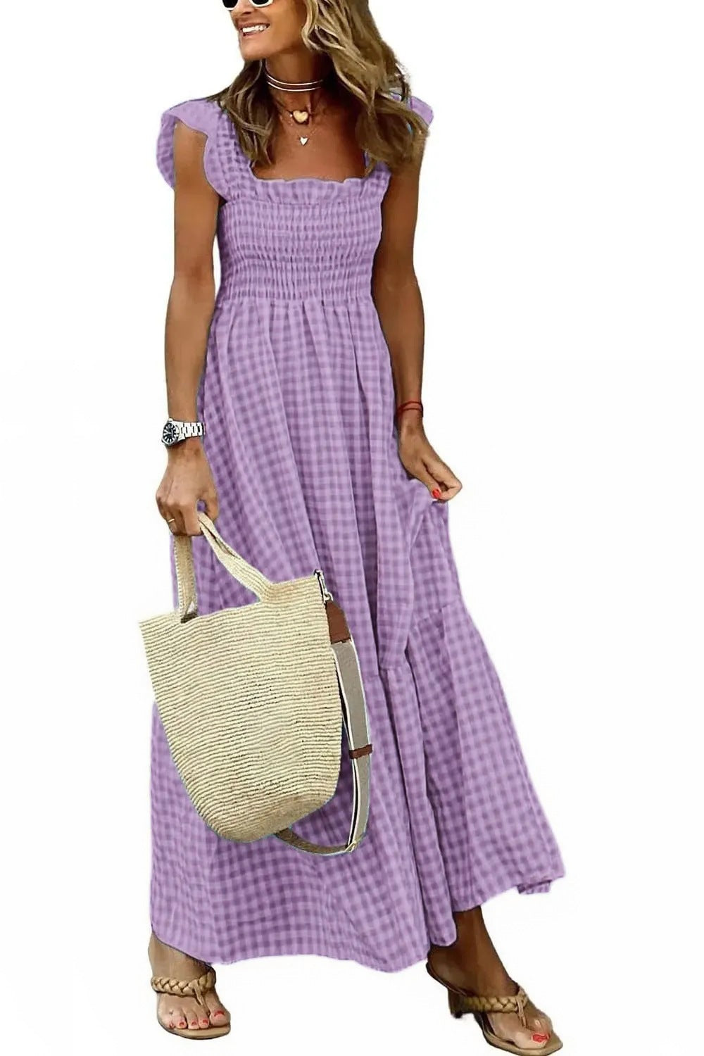 Chic Women's Patchwork Plaid Strap Dress with Elastic Waist and Flared Silhouette