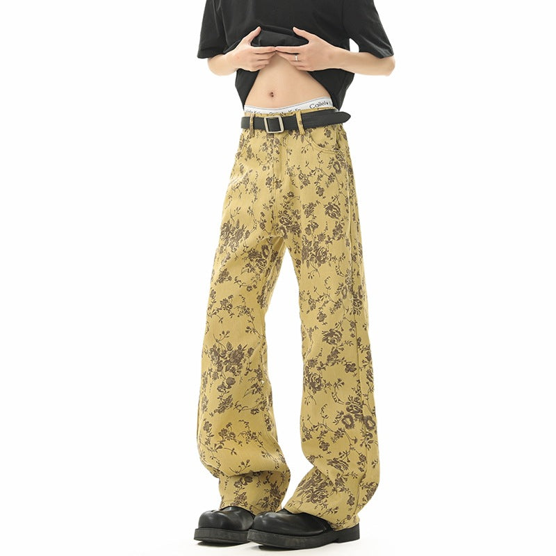 Yellow Mud Color Floral All-Over Jacquard Denim Pants