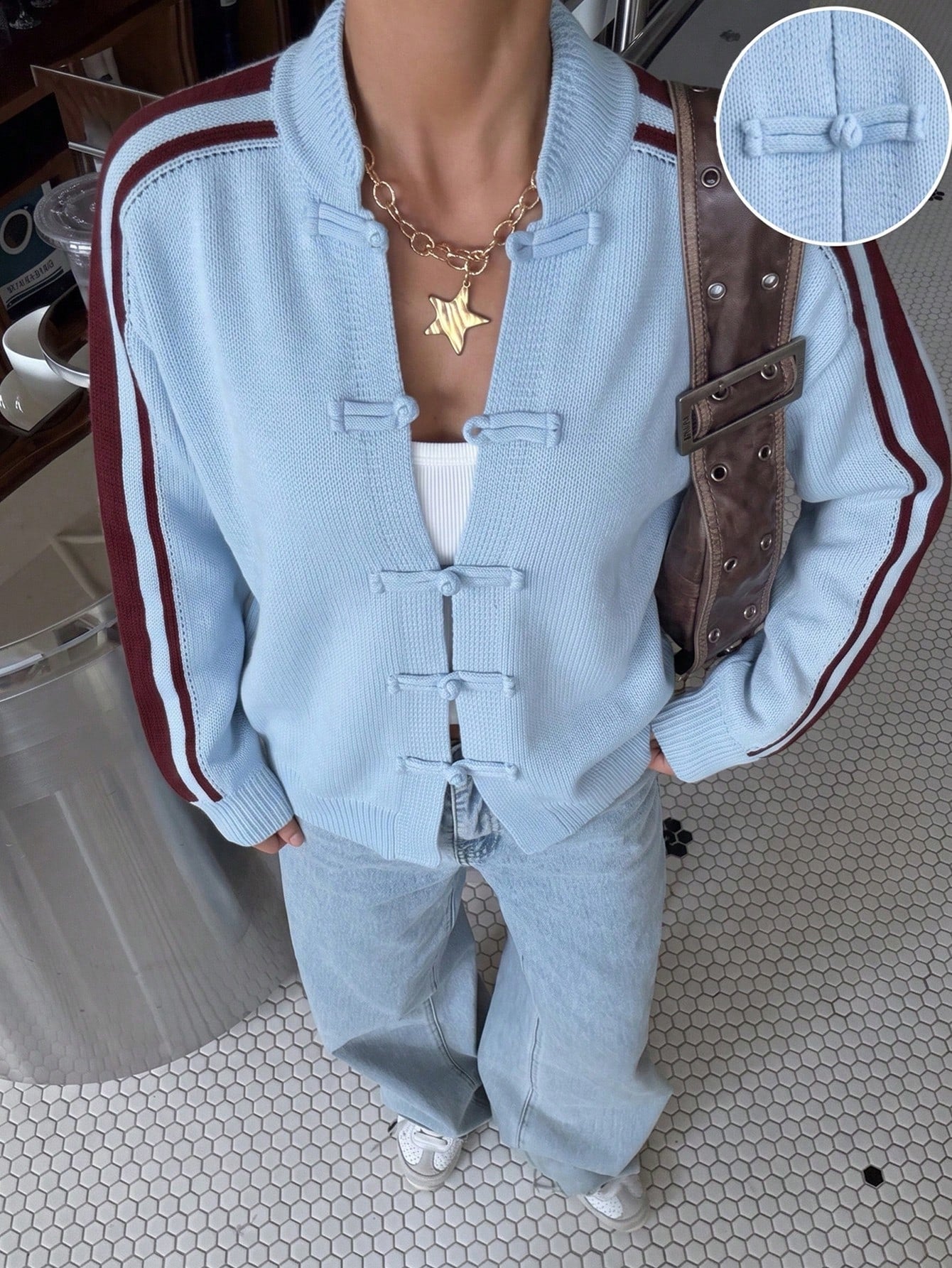 Knotted Button Cardigan Sweater for Women, Retro Color-Blocking Stripe, Drop Shoulder Long Sleeve Short Length Knit Jacket