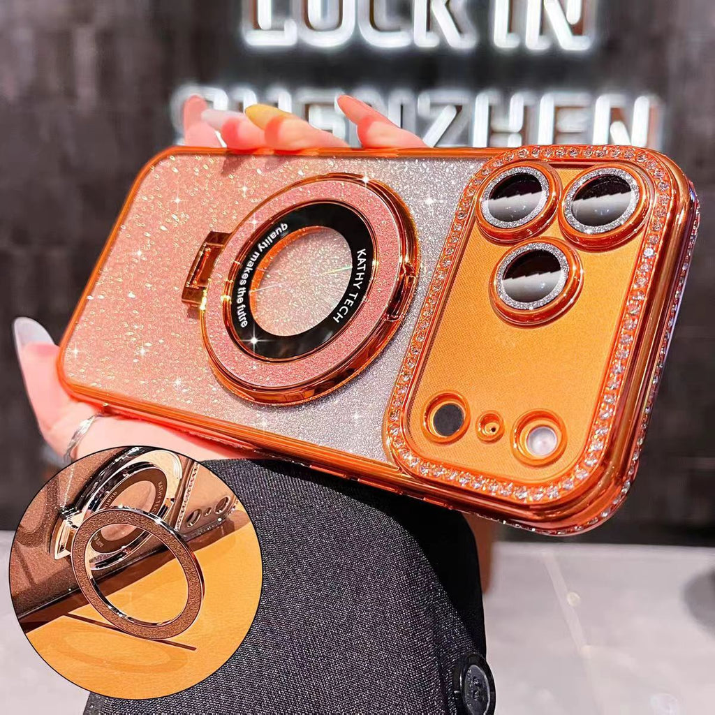 Crystal Glitter Magnetic Mount Bracket for iPhone 17 Pro Max Phone Case with Lens Film, Anti-drop Protection for Apple iPhone 16, 15