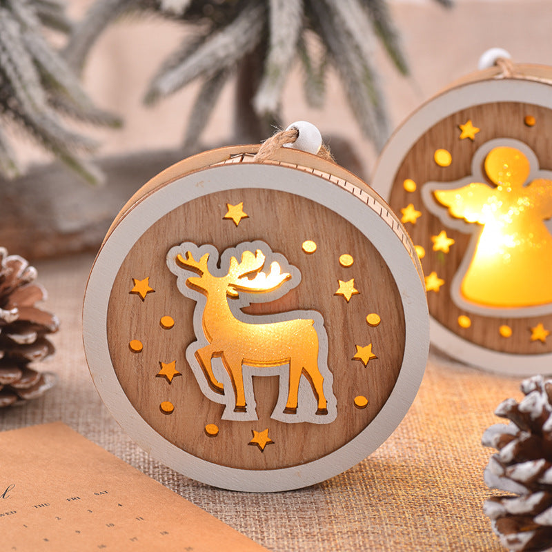 Christmas wooden painted Christmas circular light pendant creative hollow Christmas tree decoration with lights hanging