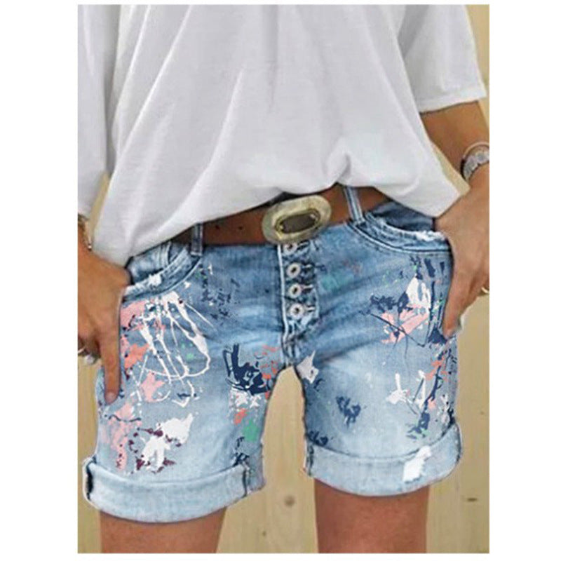 High-Waisted Elastic Printed Women's Denim Shorts with Button Closure, Large Size, Fashionable Design