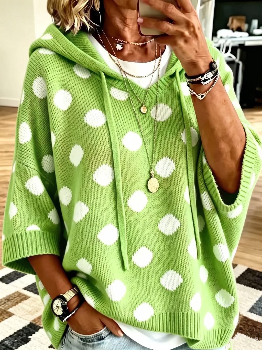 Elegant Loose Casual Style Polka Dot Hooded Women's Wool Sweater Top