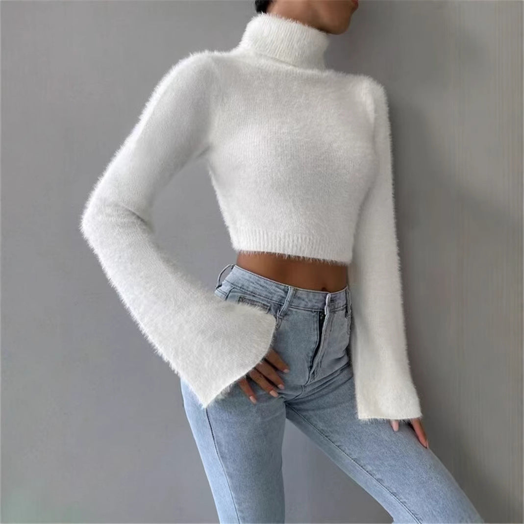 Fall Winter Women's Sweater High Neck Short Length Long Sleeve Solid Color Knit Crop Top