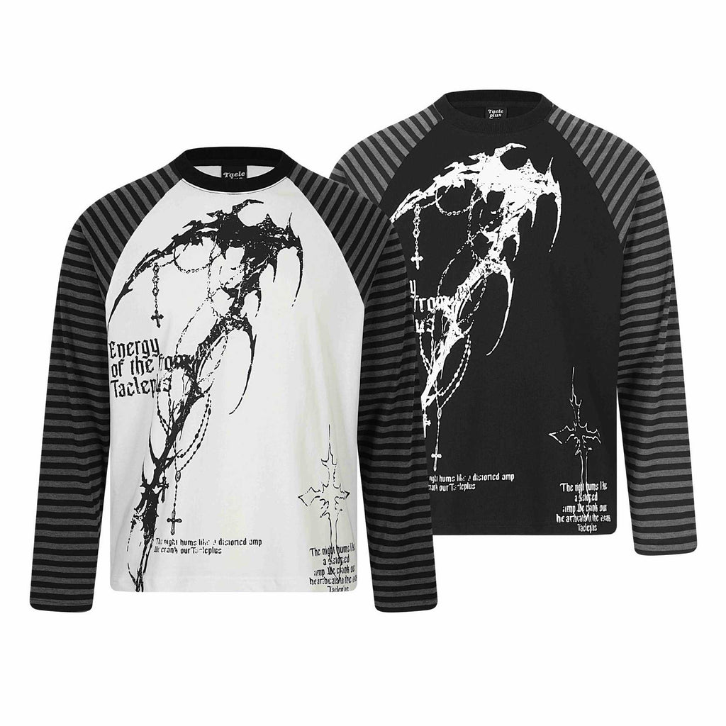 Gothic Dark Scythe Subculture Shoulder Seam Stripe Long Sleeve T-Shirt