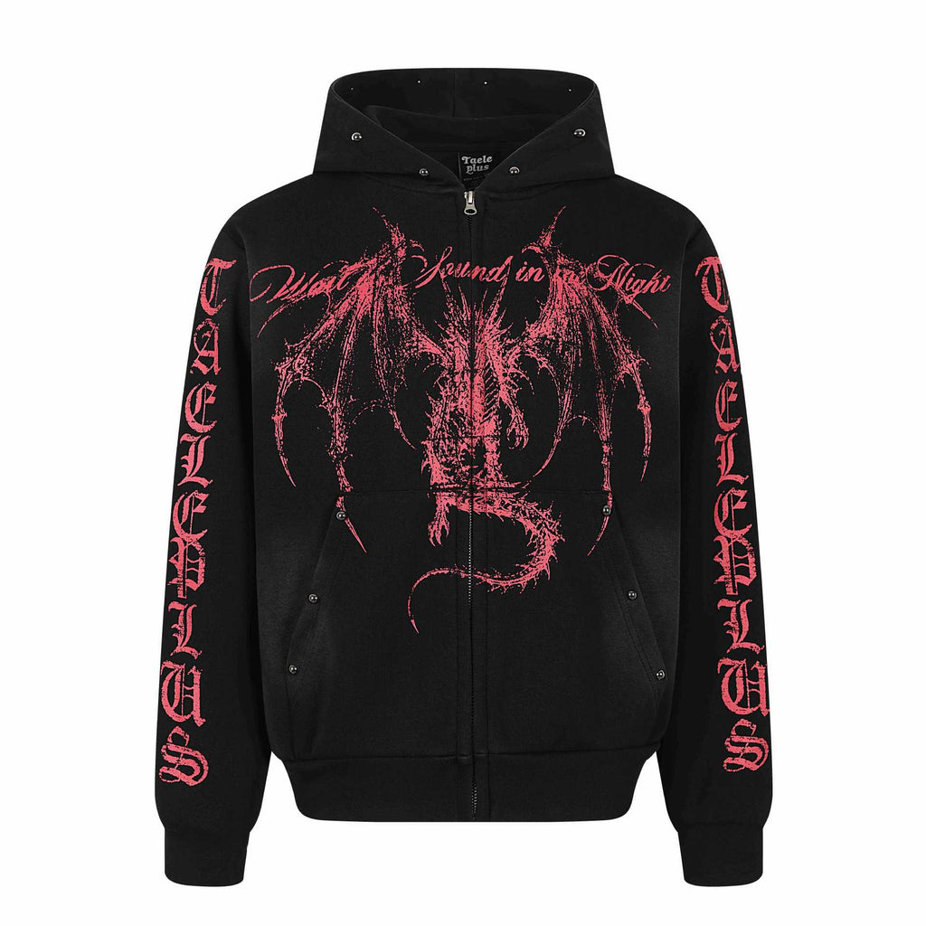 Dyed Spray Paint Stud Print Distressed Washed Hooded Zip-Up Sweatshirt