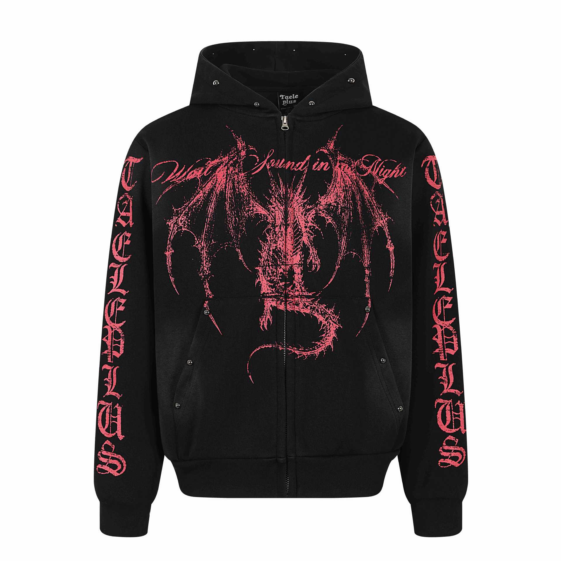 Dyed Spray Paint Stud Print Distressed Washed Hooded Zip-Up Sweatshirt
