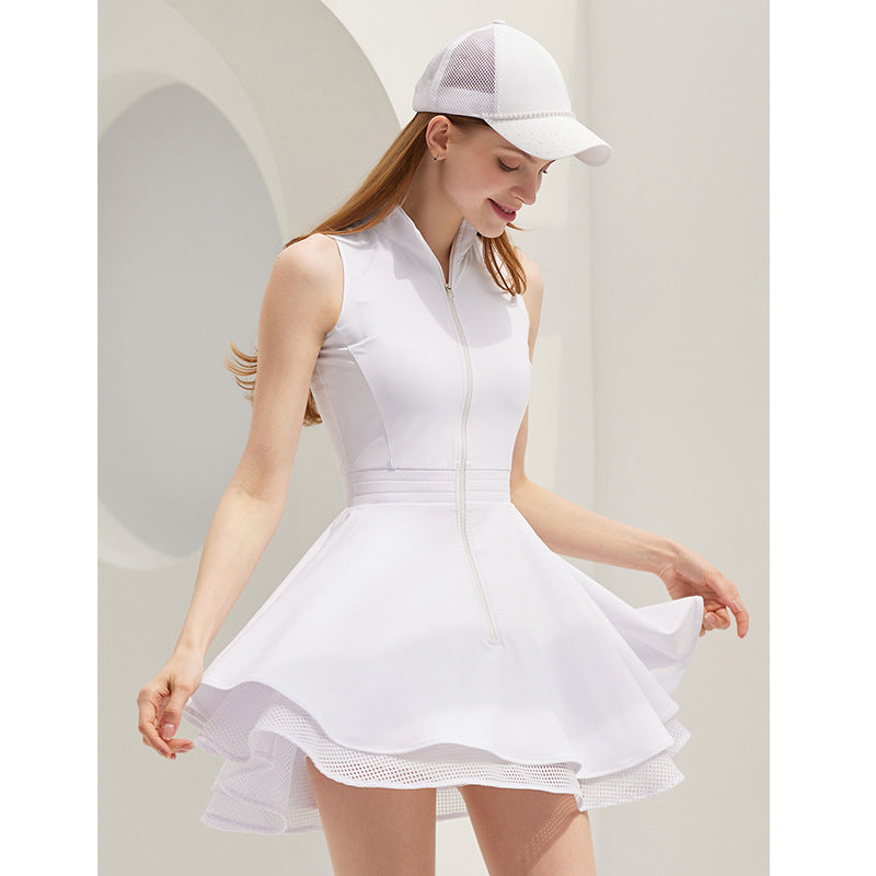 Sleeveless Zipper Tennis Outdoor Sport Dress, Fitted Waist, Breathable Moisture-Wicking Fitness Sport Tiered Mini Dress