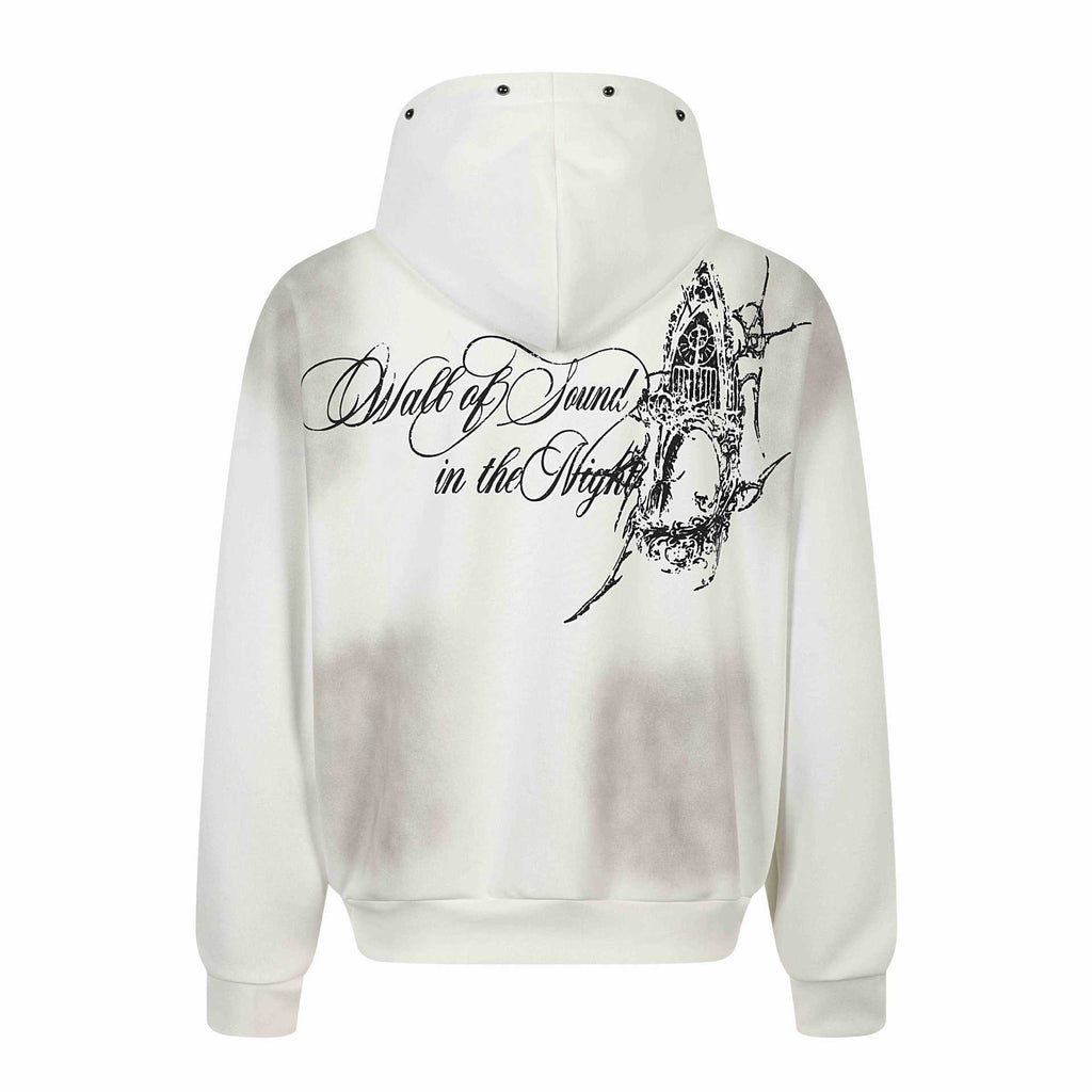 Dyed Spray Paint Stud Print Distressed Washed Hooded Zip-Up Sweatshirt