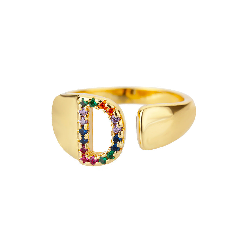 18K Gold Plated Micro Pave Colorful Zircon Letter Ring with 26 Letters Open Design