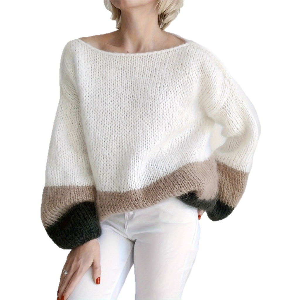 Chic Color-Blocked Loose Knit Sweater with Round Neck, Soft and Cozy, Casual Autumn/Winter Pullover