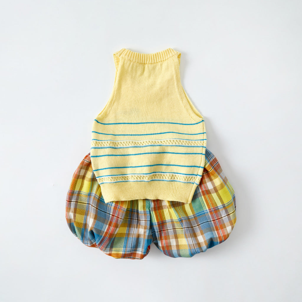 Girls' Knitted Letter Vest Set, Checkered Shorts Two-Piece Outfit, Casual Summer Wear for Toddlers