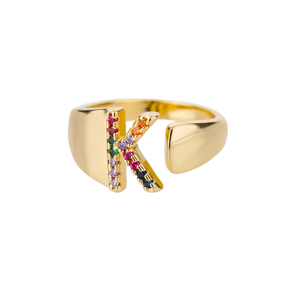 18K Gold Plated Micro Pave Colorful Zircon Letter Ring with 26 Letters Open Design