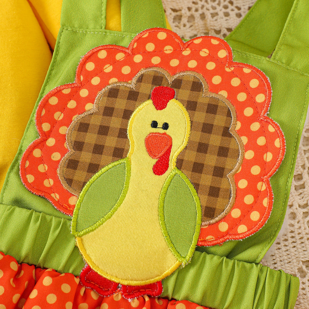 Girls' Holiday Outfit Set with Flutter Sleeve Romper Plaid Overalls Dress, Thanksgiving Children's Clothing Set