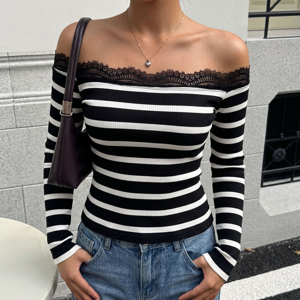 Off-Shoulder Striped Lace Top