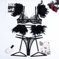 Feather Sexy Lingerie with Chain Lace Transparent Mesh Set for Women