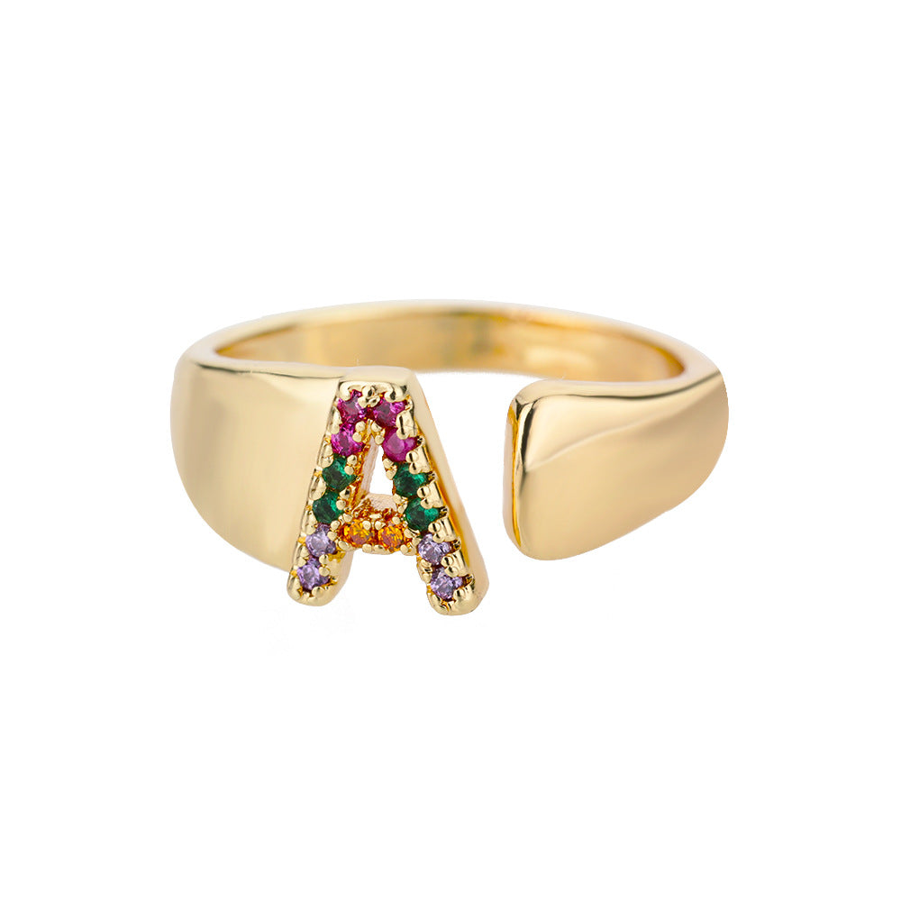 18K Gold Plated Micro Pave Colorful Zircon Letter Ring with 26 Letters Open Design