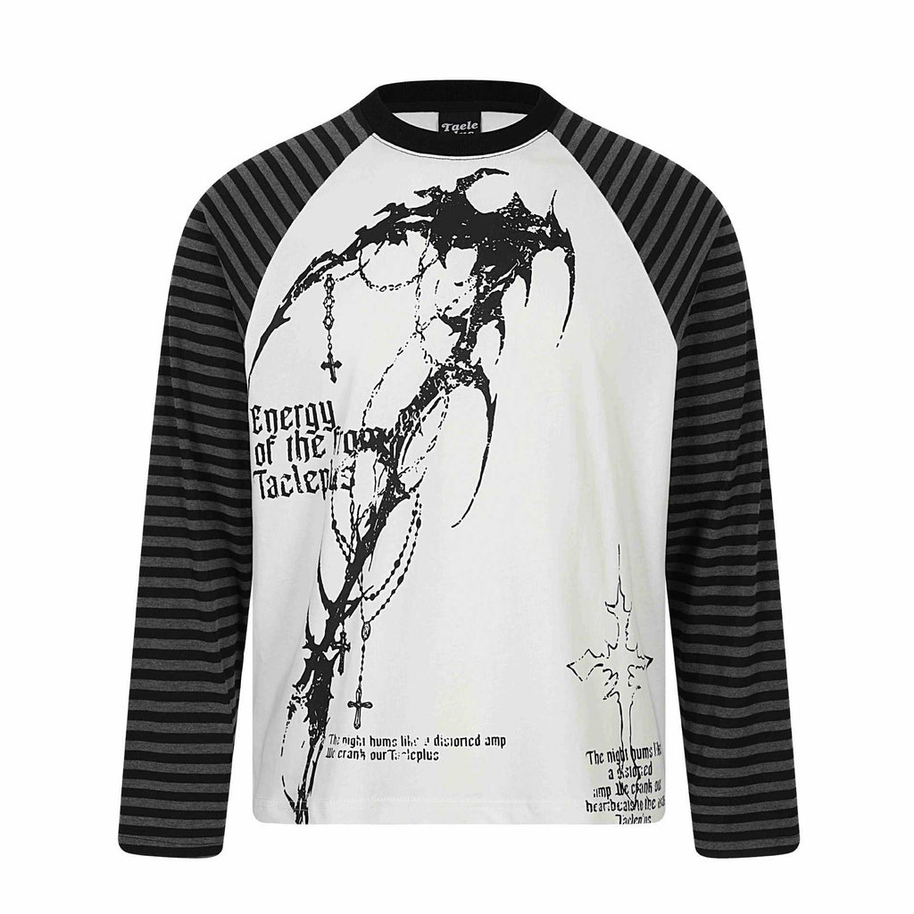 Gothic Dark Scythe Subculture Shoulder Seam Stripe Long Sleeve T-Shirt