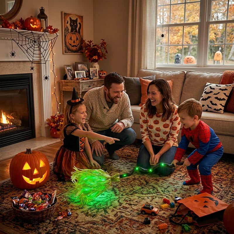 Glowing Witch Broom with Sound Effects – Auto Bouncing Halloween Decor, Haunted House Party Prop, Indoor Decoration Gift