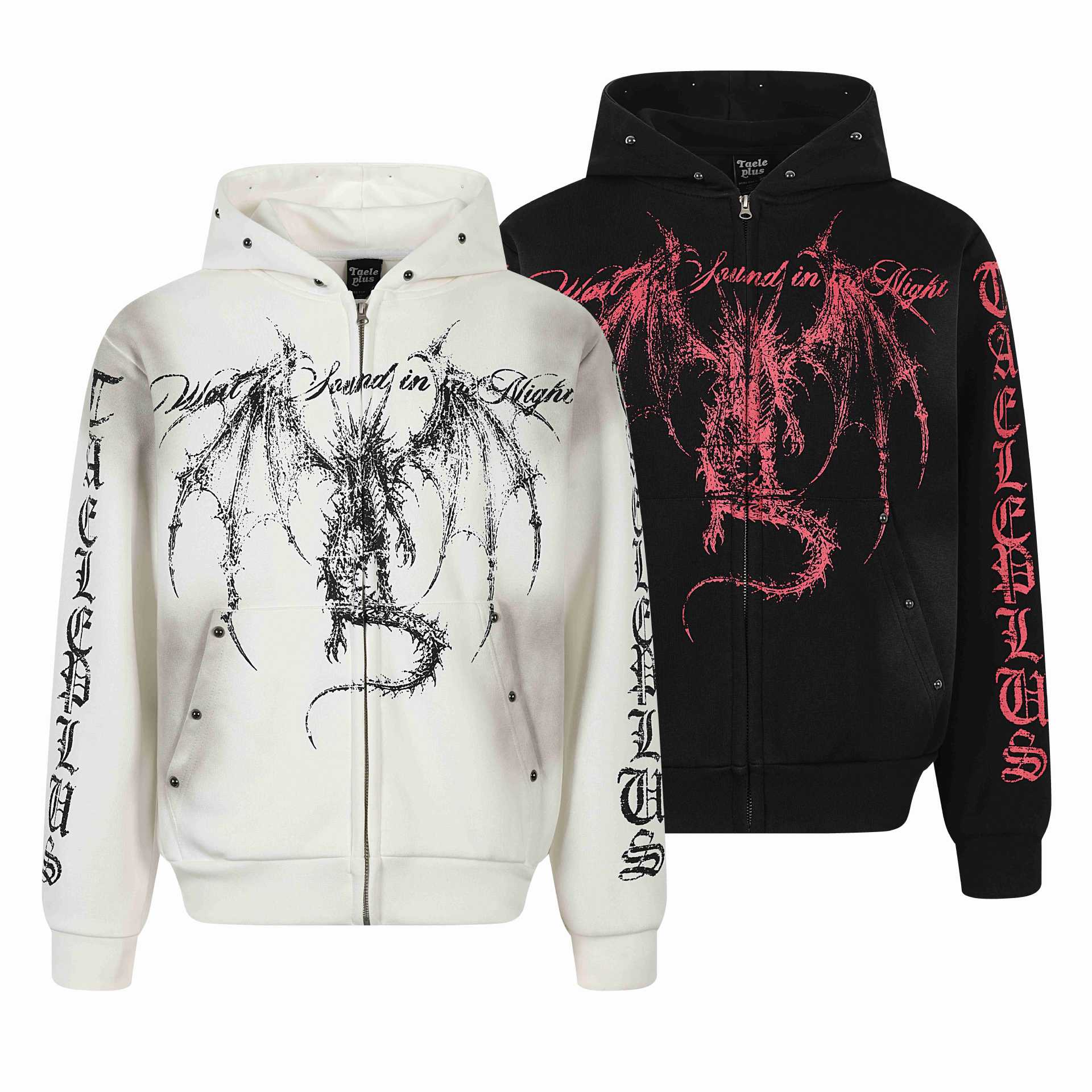 Dyed Spray Paint Stud Print Distressed Washed Hooded Zip-Up Sweatshirt