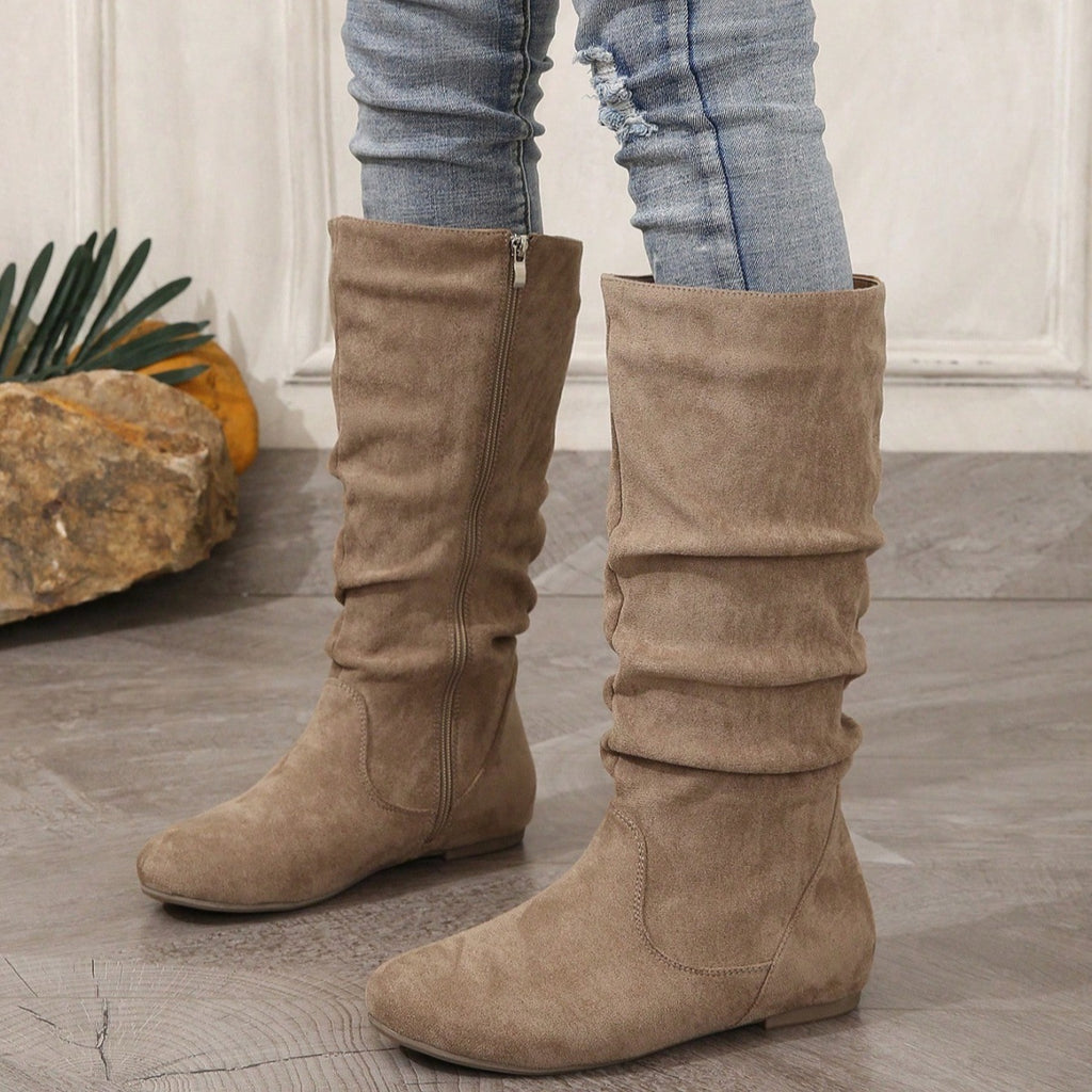 Casual Versatile Durable Comfortable Mid-Calf Boots Lightweight Pleated Side Zip Women's Leather Boots Flat Summer Boots