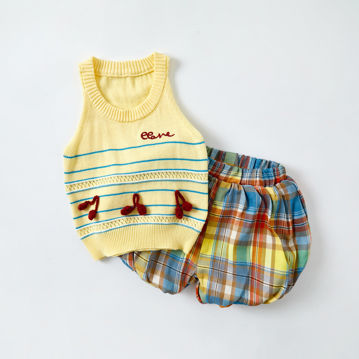 Girls' Knitted Letter Vest Set, Checkered Shorts Two-Piece Outfit, Casual Summer Wear for Toddlers