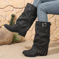 High Heel Boots Women Round Toe  Pleated Women's Knight Western Boots Women Bamboo Joint Mid-Calf Copper Buckle Western Fashion Tassel Boots