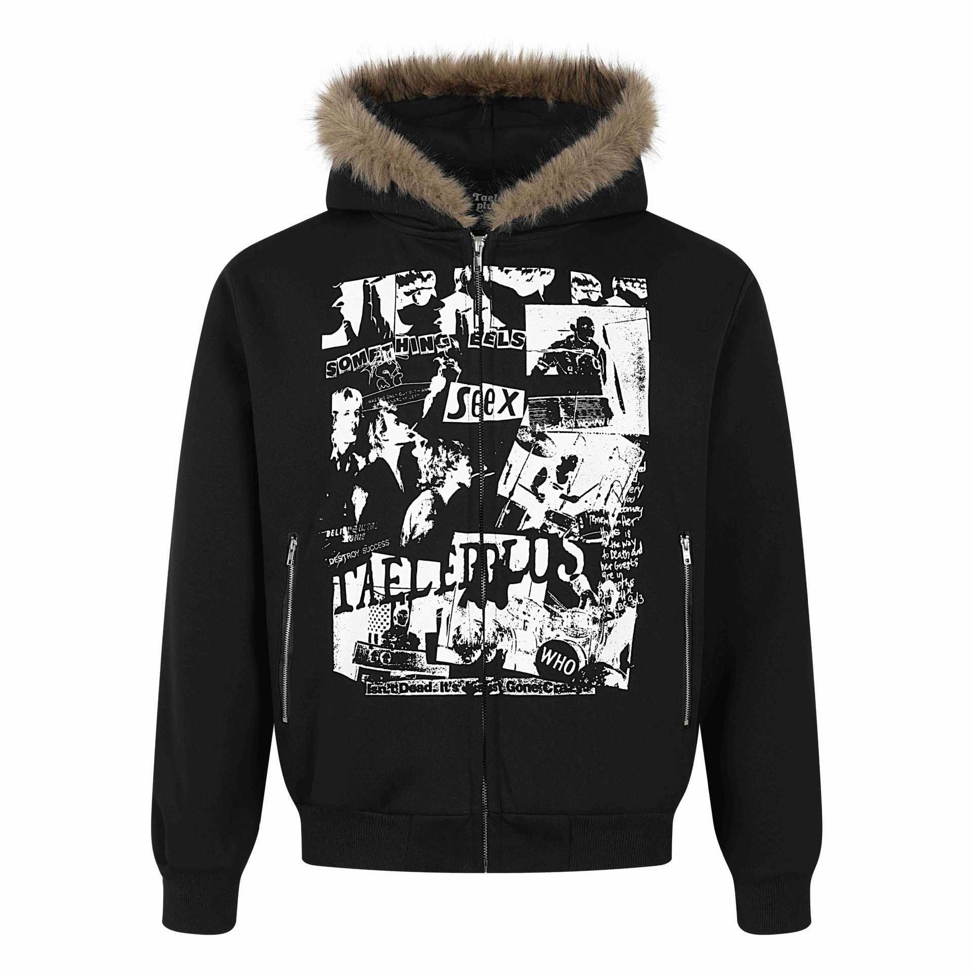 Print Long Faux Fur Hooded Zip-Up Hoodie for Men