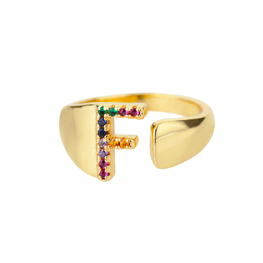 18K Gold Plated Micro Pave Colorful Zircon Letter Ring with 26 Letters Open Design
