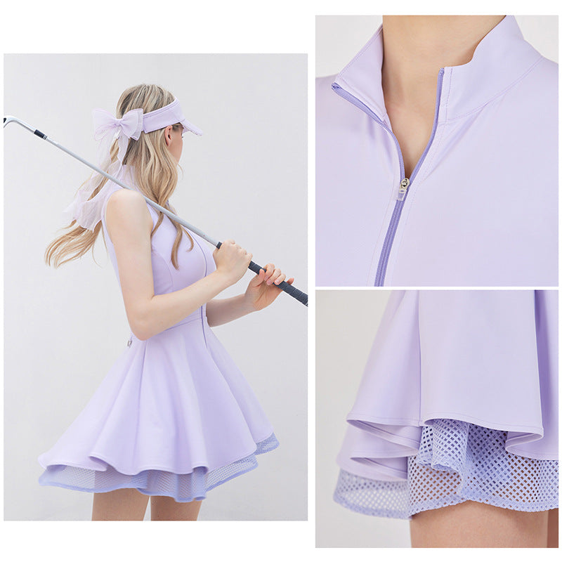 Sleeveless Zipper Tennis Outdoor Sport Dress, Fitted Waist, Breathable Moisture-Wicking Fitness Sport Tiered Mini Dress