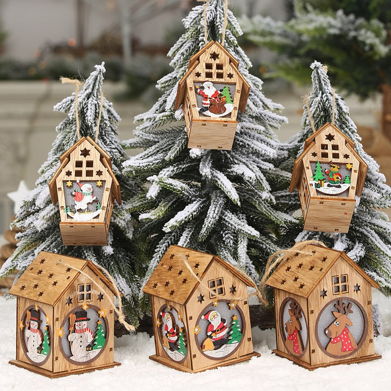 Festival Led Light Wood House Santa Claus Christmas Tree Decorations