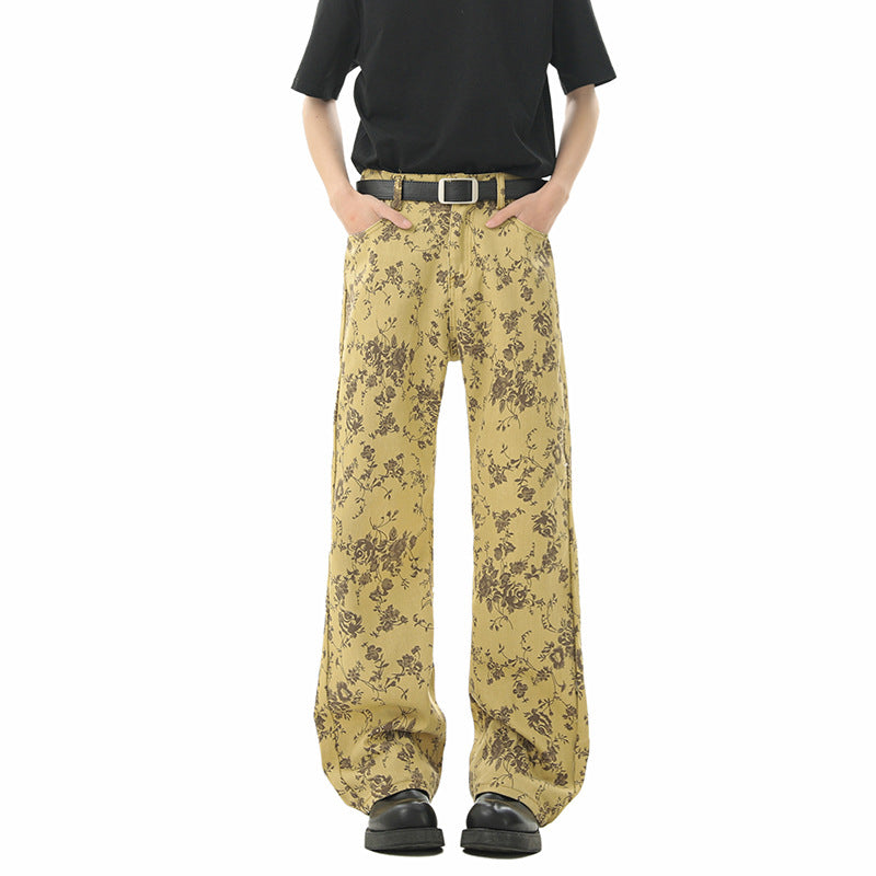 Yellow Mud Color Floral All-Over Jacquard Denim Pants