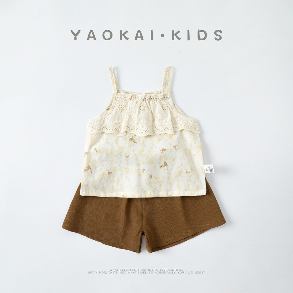 Girls' Floral Strap Set Baby Thin Vest Shorts Two-Piece Set