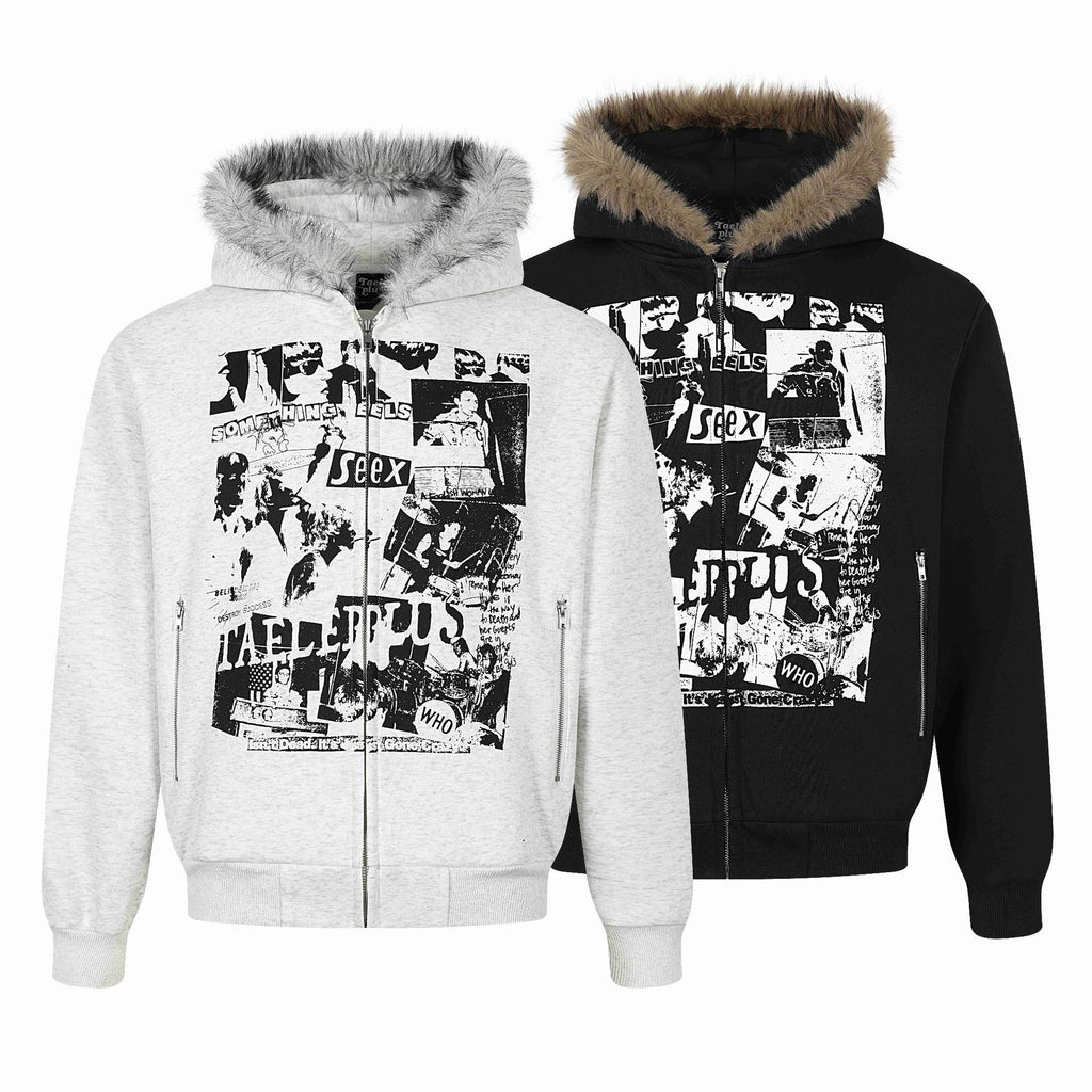 Print Long Faux Fur Hooded Zip-Up Hoodie for Men