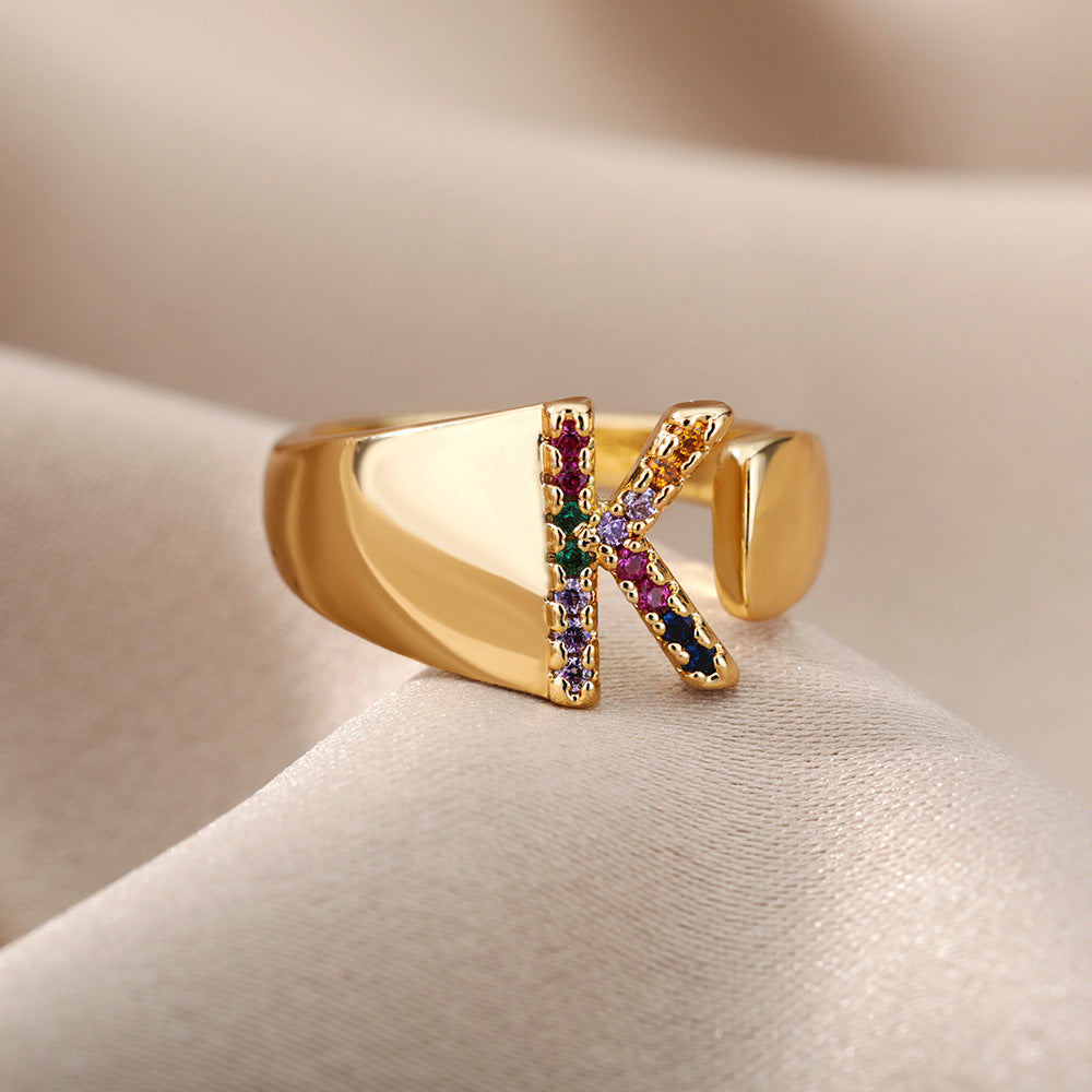 18K Gold Plated Micro Pave Colorful Zircon Letter Ring with 26 Letters Open Design