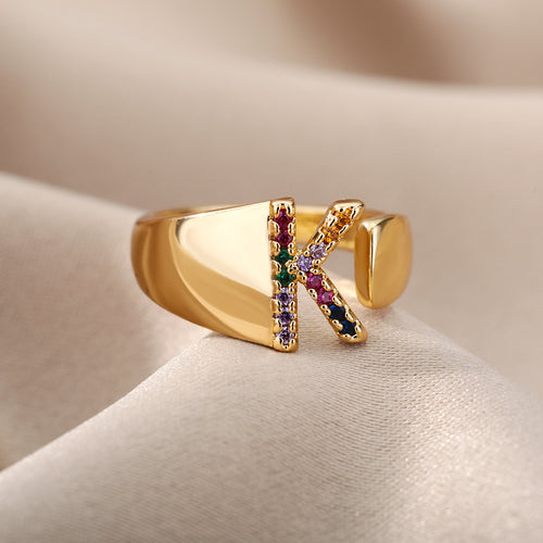 18K Gold Plated Micro Pave Colorful Zircon Letter Ring with 26 Letters Open Design