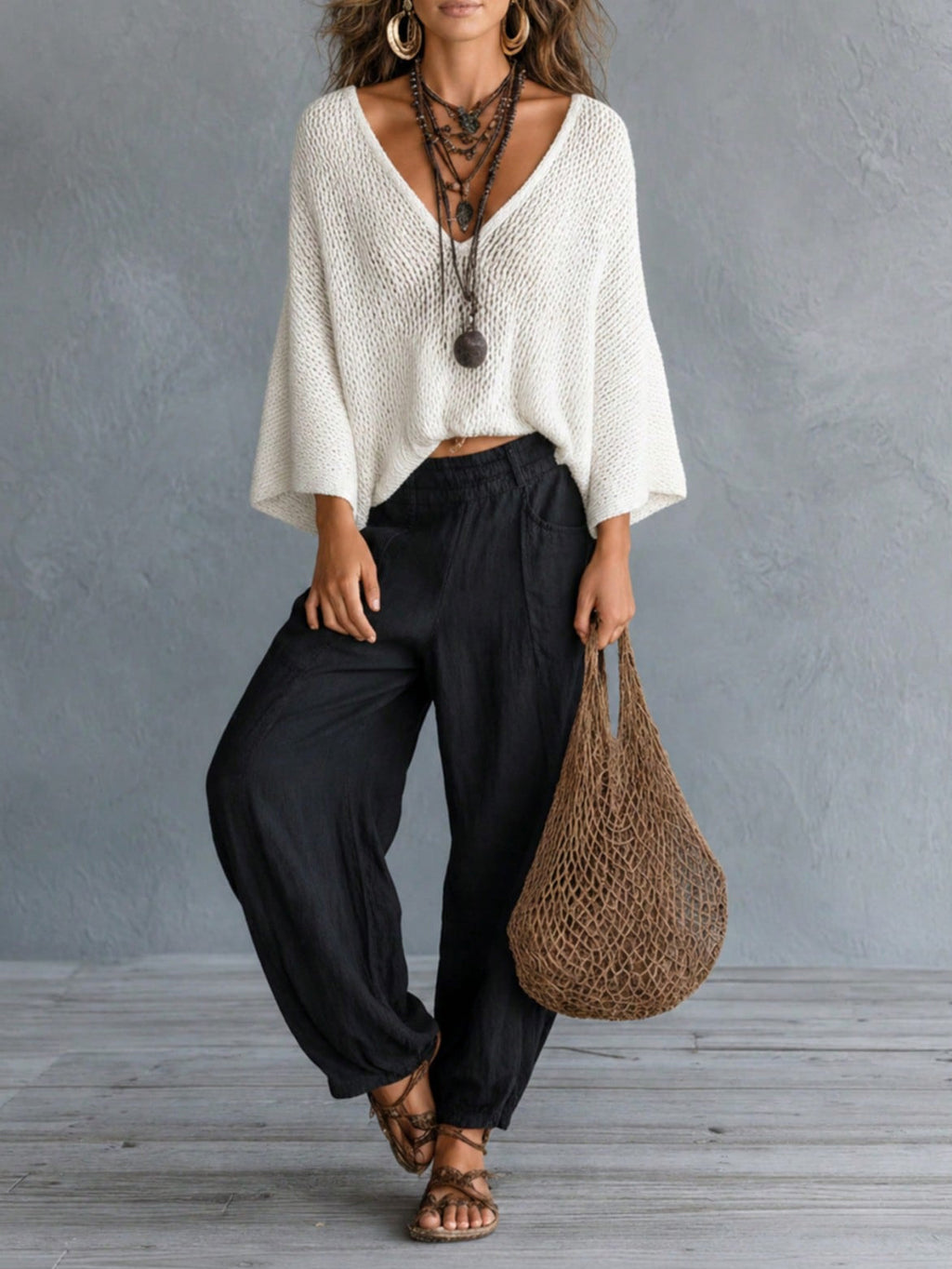 Retro Beach Hollow Knit Sweater Deep V Neck Drop Shoulder Batwing Sleeve Loose Slim Fit Solid Color Pullover Top