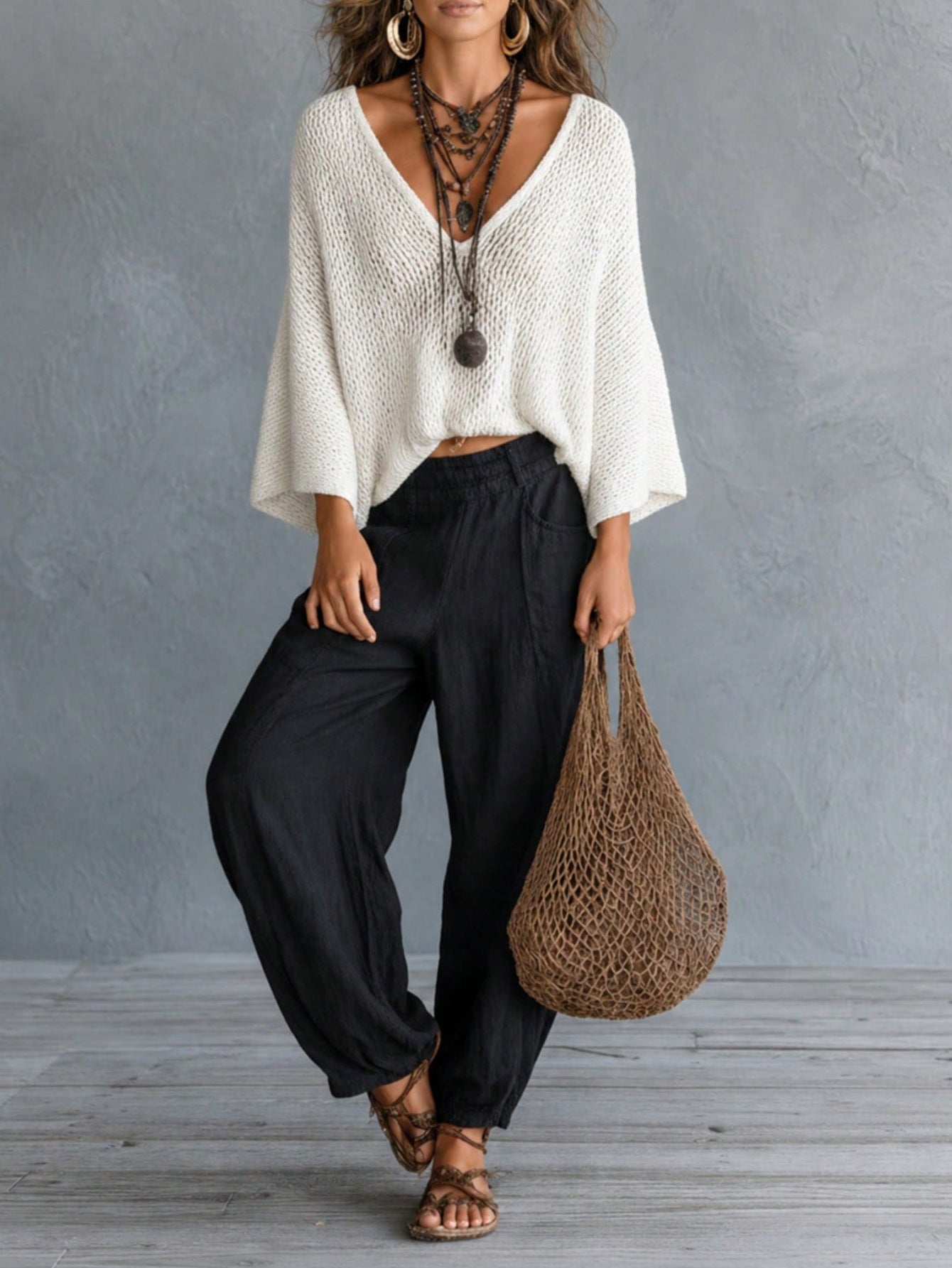 Retro Beach Hollow Knit Sweater Deep V Neck Drop Shoulder Batwing Sleeve Loose Slim Fit Solid Color Pullover Top