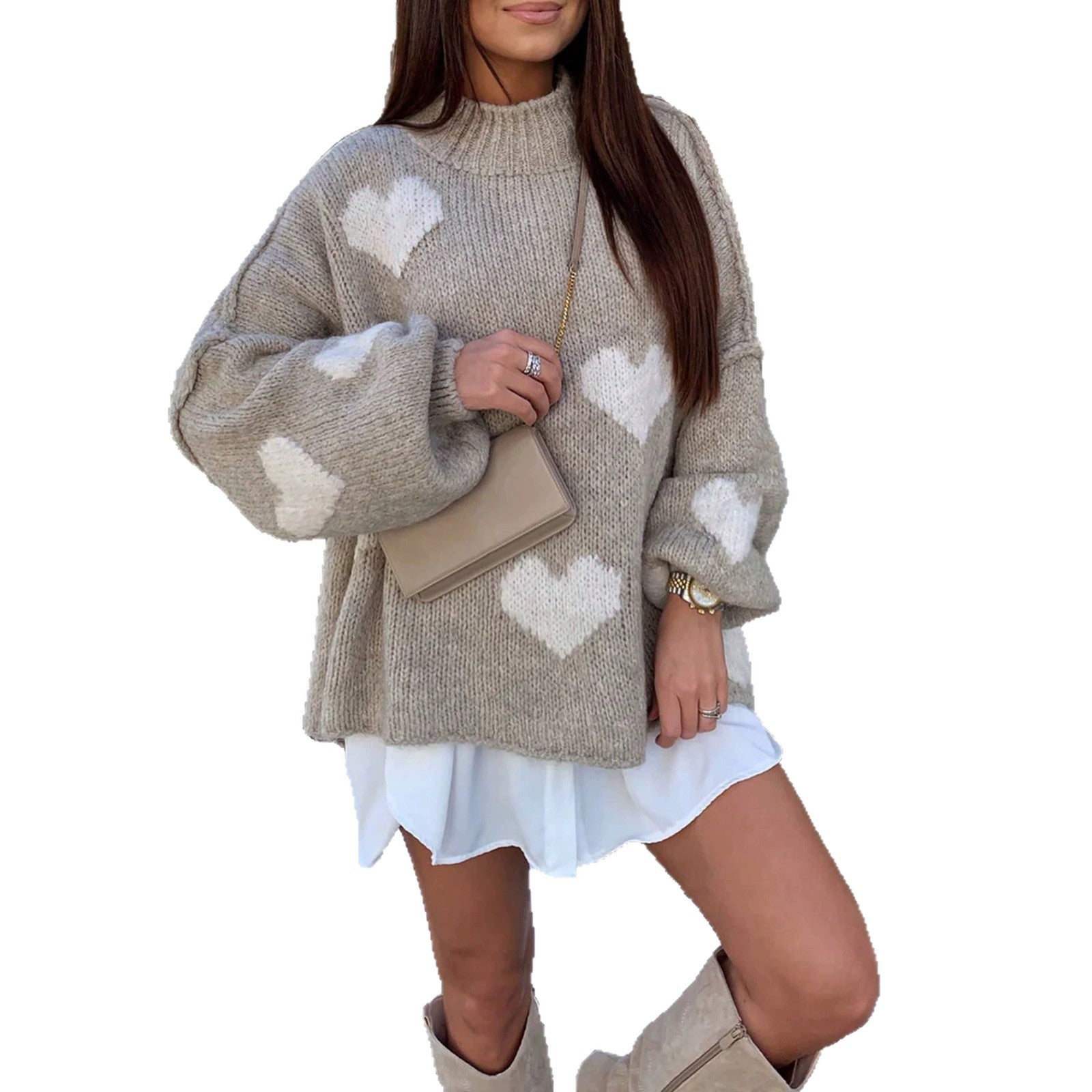 Autumn and Winter  Half-High Neck Heart Knit Sweater, Oversized Loose Drop Shoulder Lantern Sleeve Soft Pullover Top