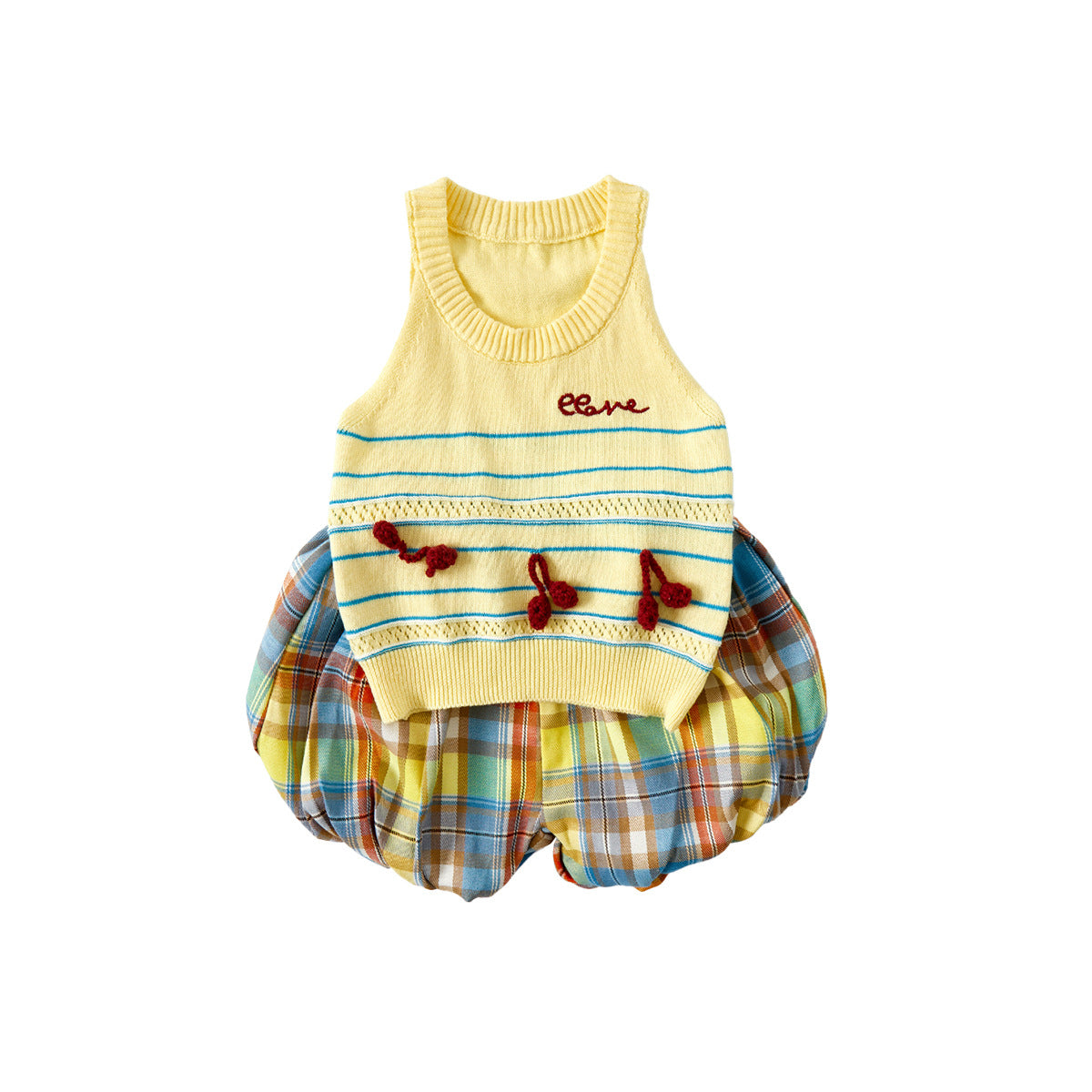 Girls' Knitted Letter Vest Set, Checkered Shorts Two-Piece Outfit, Casual Summer Wear for Toddlers