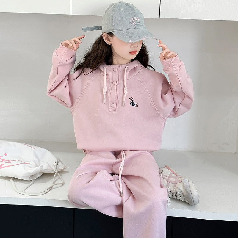 Girls' Casual Hoodie Outfit Set, Two-Piece Sporty Suit for Kids