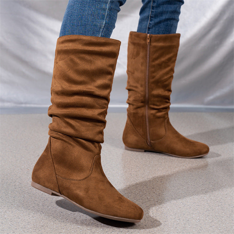 Casual Versatile Durable Comfortable Mid-Calf Boots Lightweight Pleated Side Zip Women's Leather Boots Flat Summer Boots