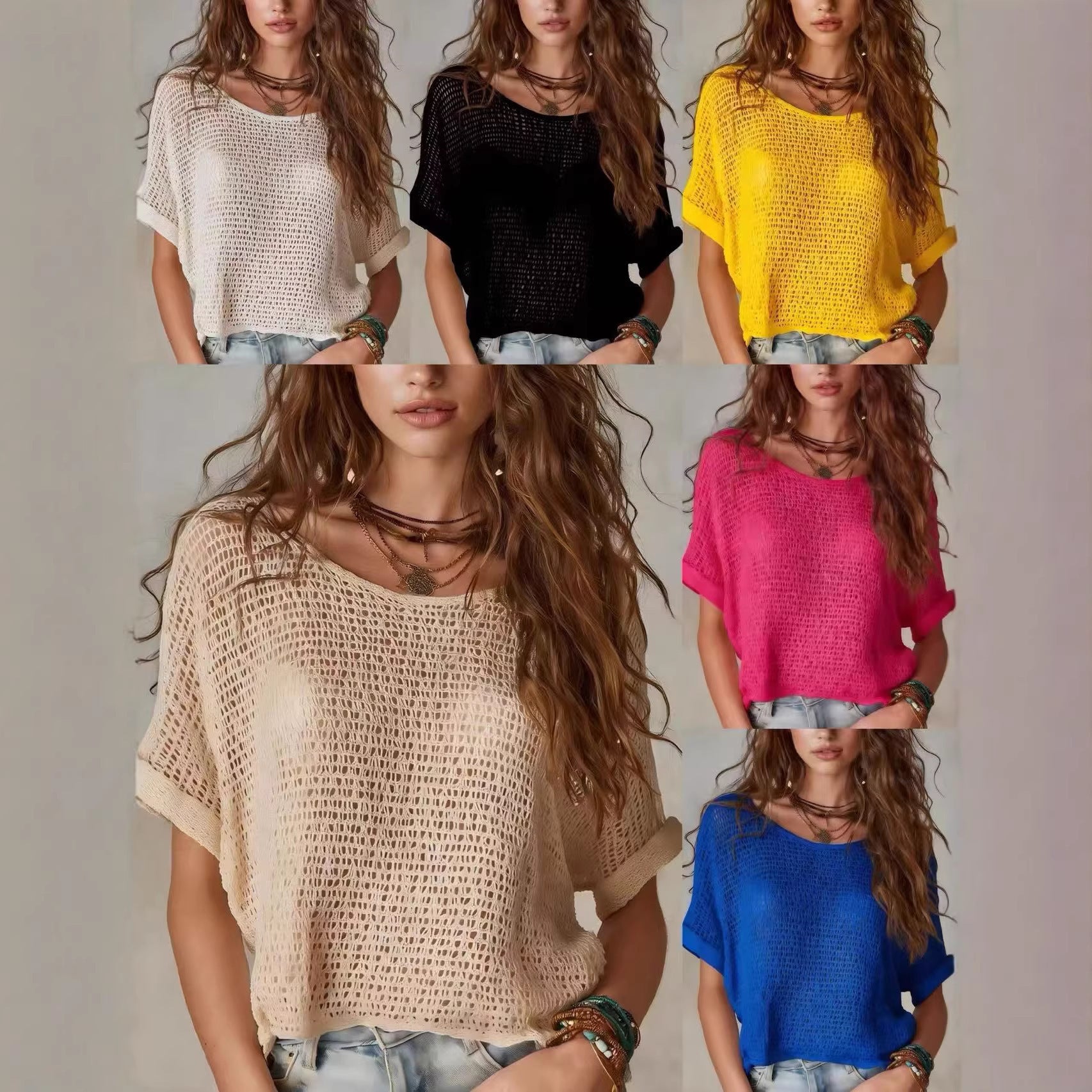 Women's new boho crochet knit solid color short sleeve sweater